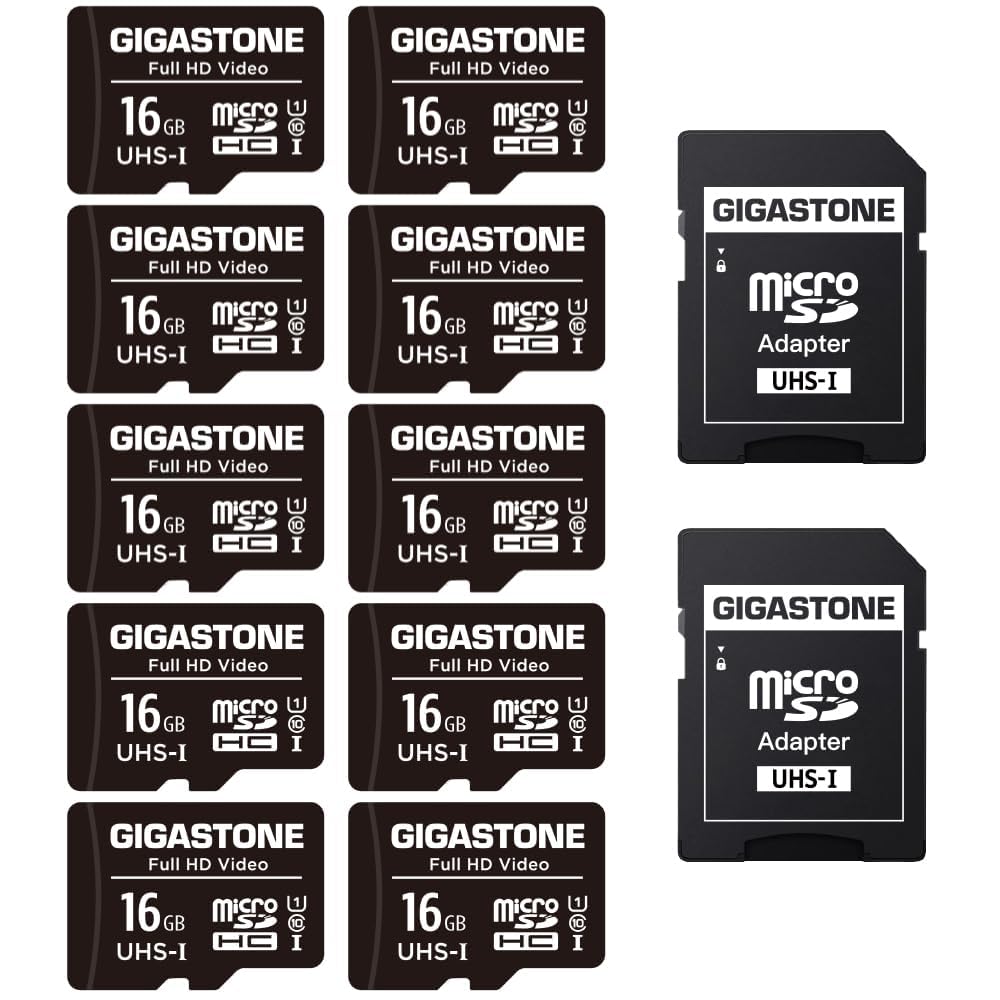 GIGASTONE 16GB Micro SD Card 10-Pack, FHD Video, Surveillance Security Cam Action Camera Drone, 85MB/s Micro SDHC UHS-I U1 Class 10, with Adapters