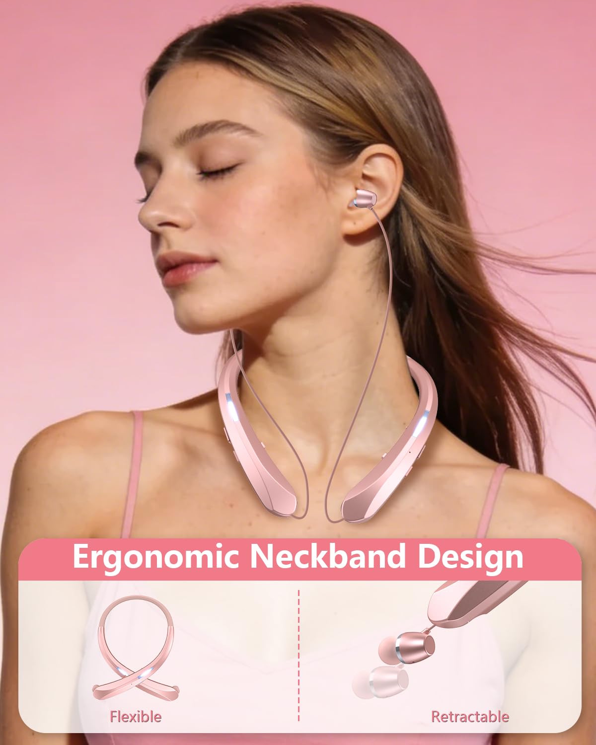 PIMAKOI Bluetooth 5.3 Neckband Bluetooth Headphones,Retractable Headphone with IPX5 Sweatproof & Vibration Calls for Running, Gym, and Sweat-Proof