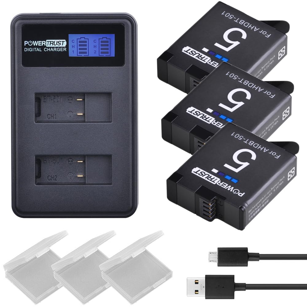 PowerTrust 3X AHDBT-501 Battery for GoPro Hero 5/6/7/8 HERO5 Black,Hero 6,HERO6 Black,Hero 5,HERO7 Black,Hero 2018 + LCD Dual USB Charger with USB