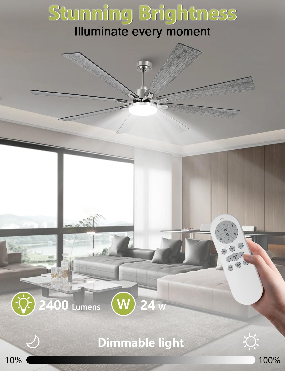 Vaczon 72 Inch Modern Ceiling Fans with Lights and Remote Nickel Large Airflow Ceiling Fan,Dimmable Lighting, Reversible DC Motor, Noiseless, Indoor