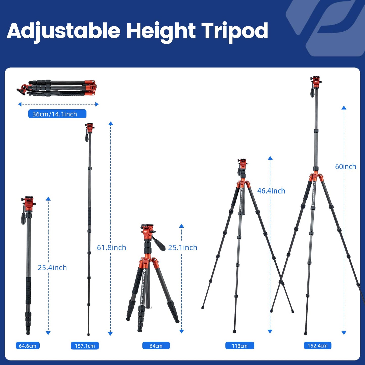 Fotopro 59" Carbon Fiber Travel Tripod with Fluid Head Detachable Monopod with Quick Release Plate and Bag Camera Tripod Load up to 8KG/17.63lbs X-go