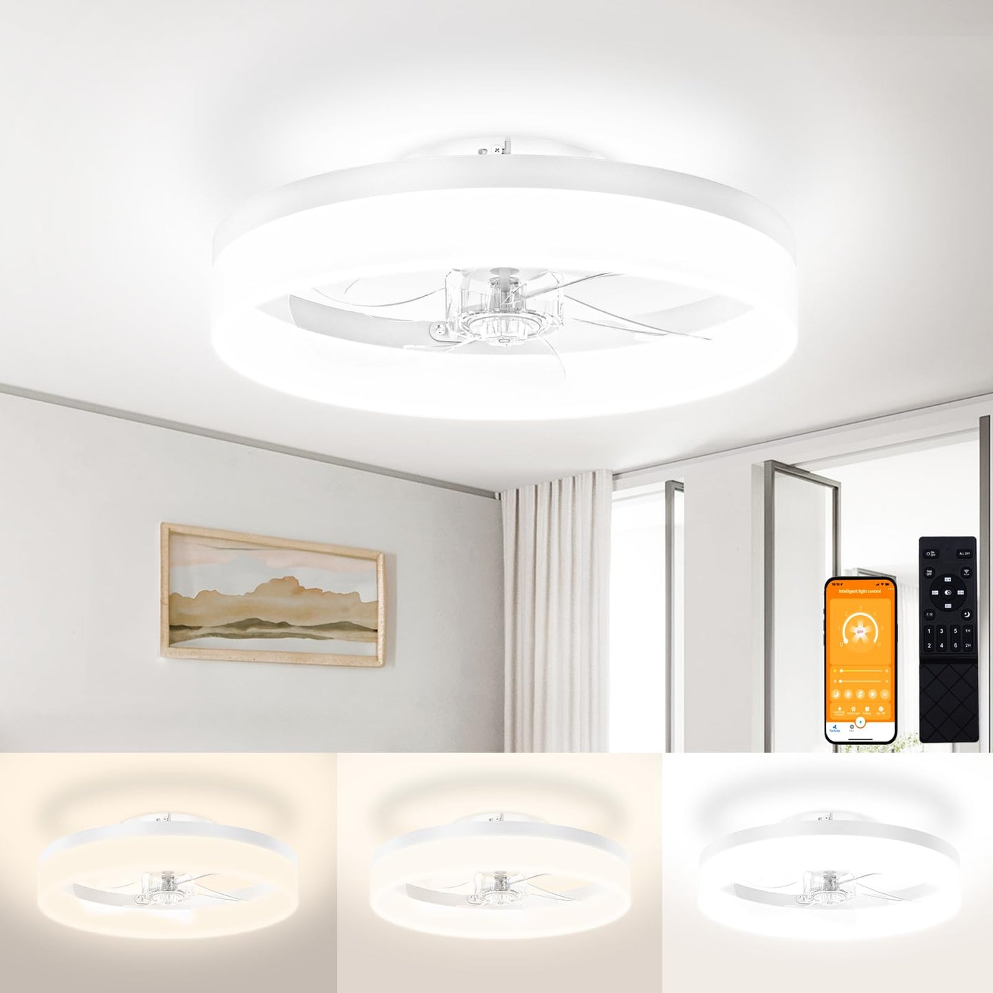 VOLISUN Low Profile Ceiling Fans with Lights and Remote,15.7in Modern Ceiling Fan Flush Mount, 3000K-6500K Dimmable Bladeless LED Fan Light,White