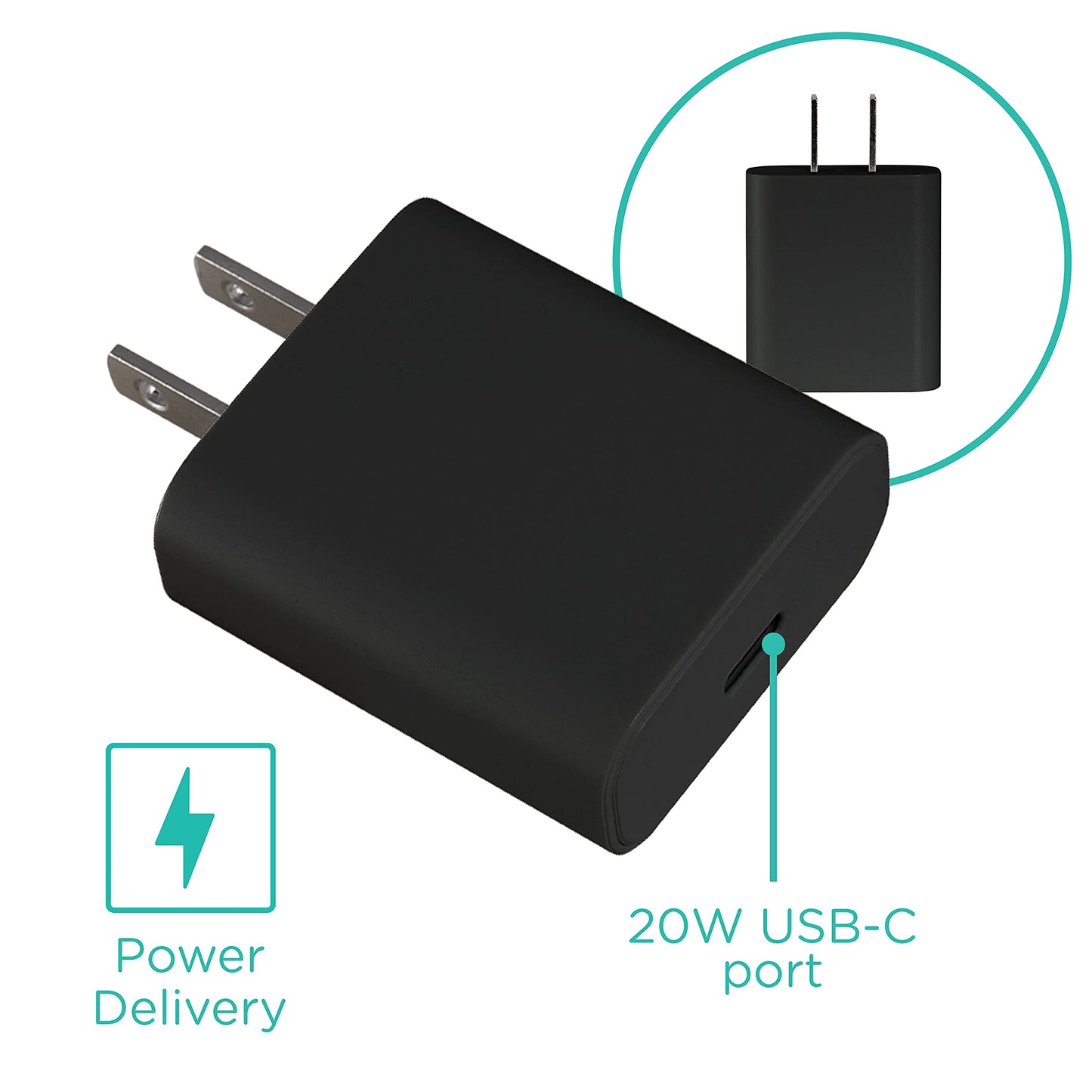 Cordinate 1 USB-C Port Wall Charger, 20W, Power Delivery, Fast Charge, Compact, Great for Travel, Compatible with Apple, Samsung, LG, Google