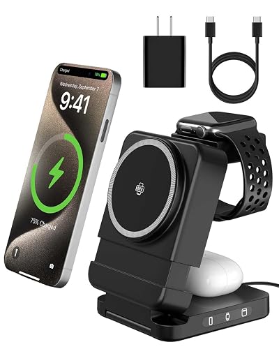 3-in-1 Foldable Wireless Charging Station, 15W Qi2 Magnetic Charger Stand for iPhone, Samsung, Apple Watch, Galaxy Watch, AirPods and Galaxy Buds