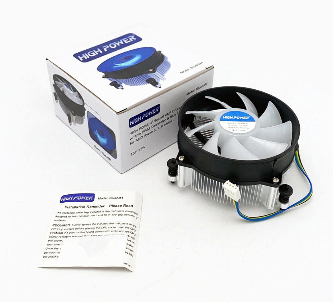 HIGH POWER BlueAM4 Blue LED Light CPU Air Cooler with Aluminum Heatsink & 95mm PWM Cooling Fan for AMD Ryzen 5,7,9 Processor/Socket AM4 / AM5 PC
