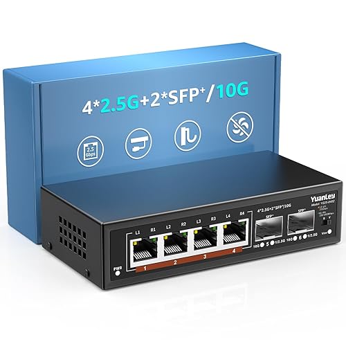 6 Port 2.5G Unmanaged Ethernet Switch, 4 x 2.5G Base-T Ports, 2 x 10G SFP, Compatible with 100/1000/2500Mbps, VLAN, Fanless, Desktop/Wall Mount