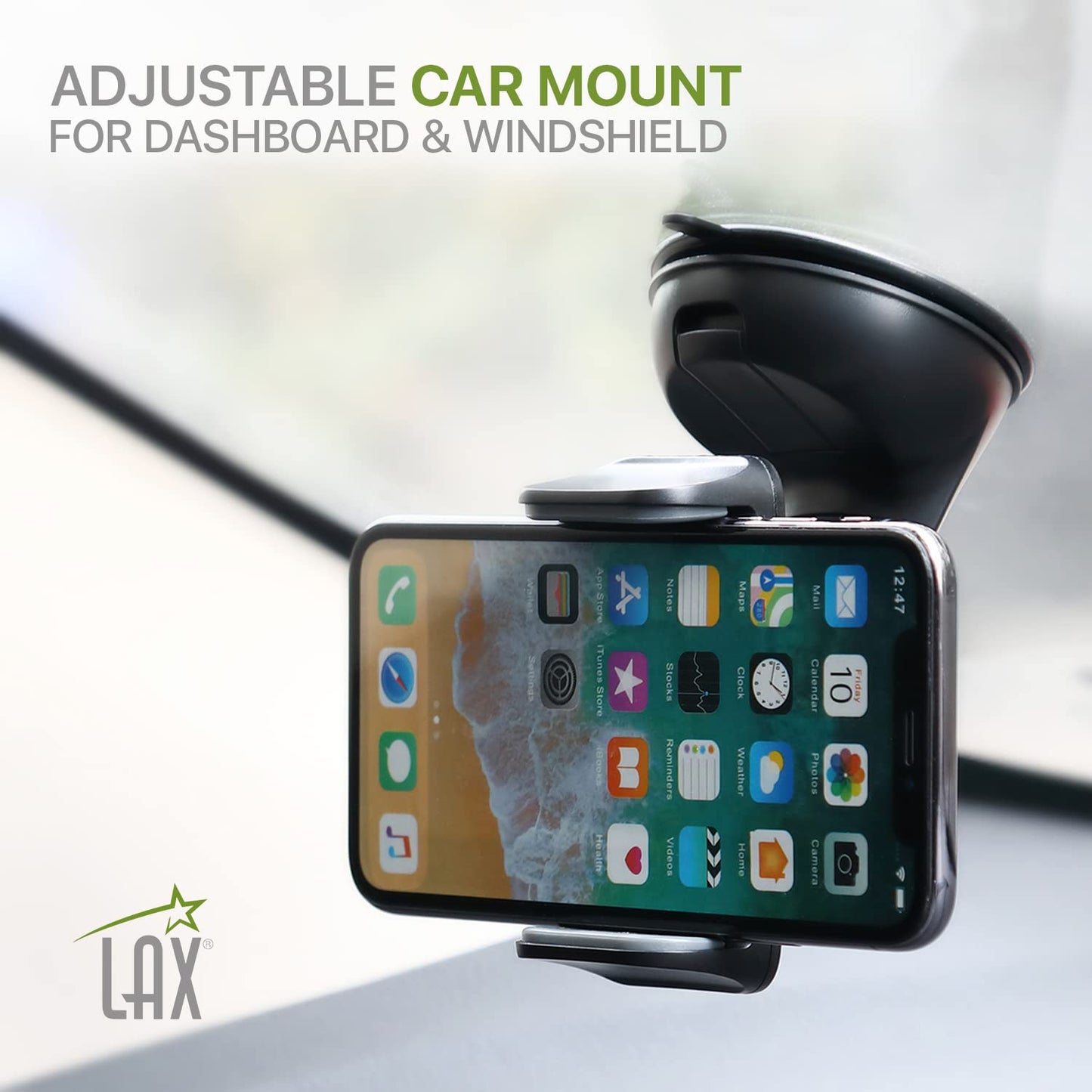 LAX Gadgets Premium Phone Car Mount - Strong Suction Cup Movable Jaws- Car Mount with Powerful Suction Cup for Windshield or Dashboard for All