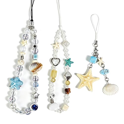 3PCS Beach Style Phone Charm Strap Chains, Hand Phone Wrist Strap Camera Lanyard,Trendy Shell, Starfish Beaded Cell Phone Lanyards for Women, Girls