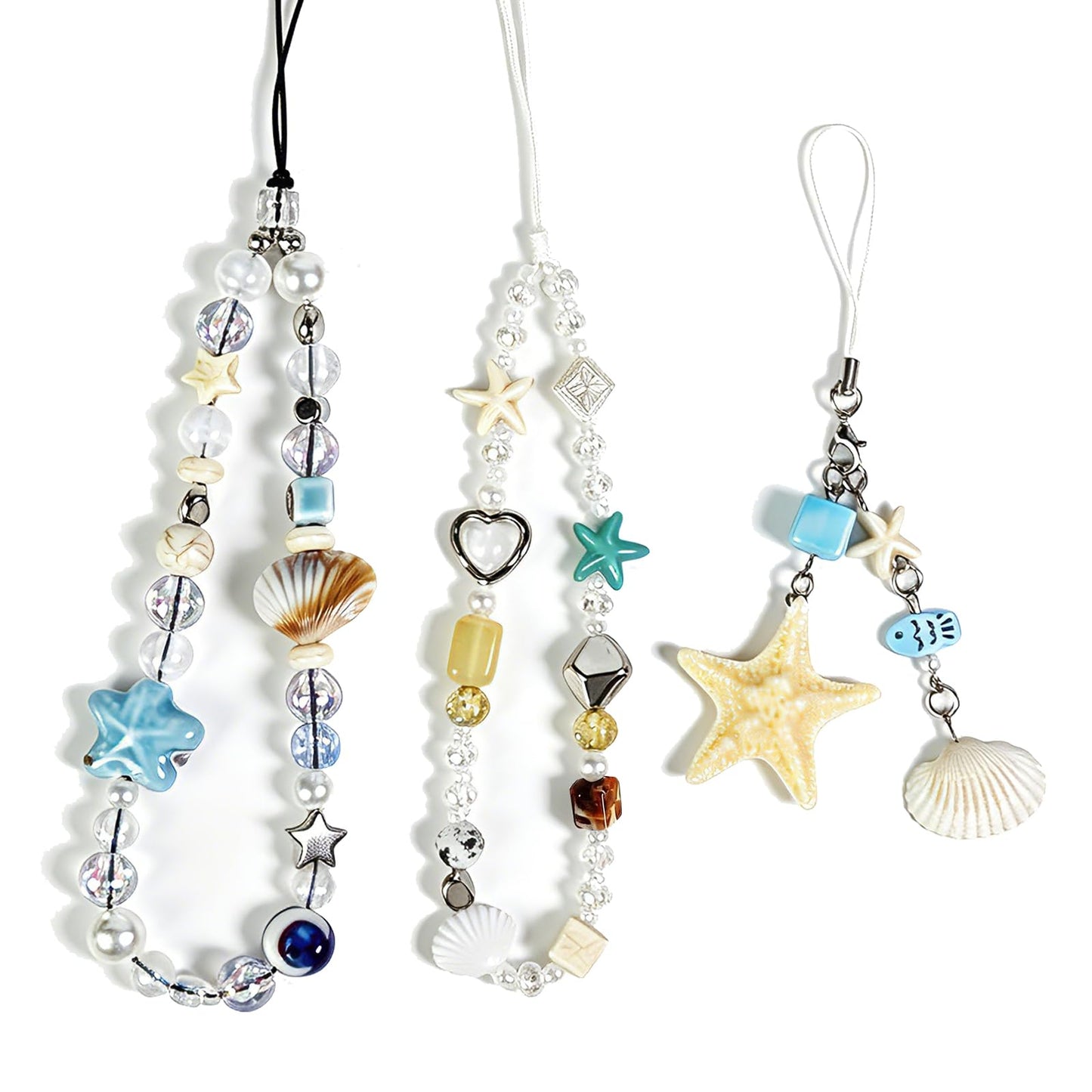 3PCS Beach Style Phone Charm Strap Chains, Hand Phone Wrist Strap Camera Lanyard,Trendy Shell, Starfish Beaded Cell Phone Lanyards for Women, Girls