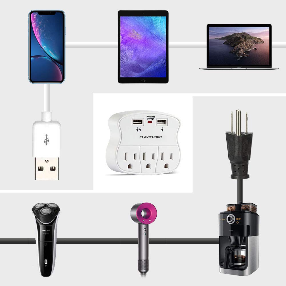 CLAVICHORD Surge Protector USB Wall Mount- Multi Plug Outlet Expander Surge Protector Wall Mount with 2 USB Charging Ports for Home/School/Office