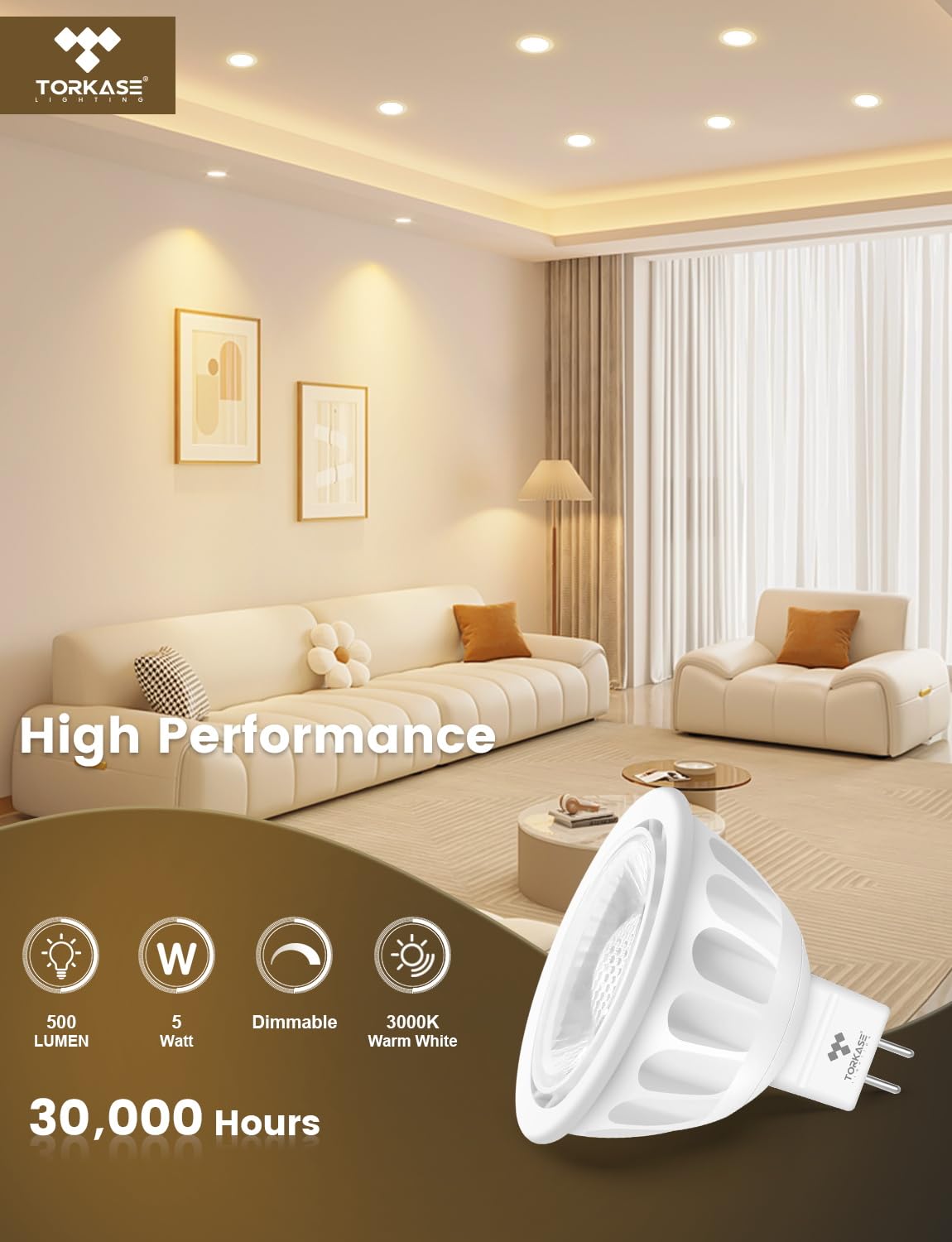 Torkase MR16 LED Bulb Dimmable,GU5.3 Bi-Pin Base MR16 LED Bulbs,5W(50W Equivalent),Outdoor Landscape 12V Low Voltage Light Bulbs,3000K Soft Warm White