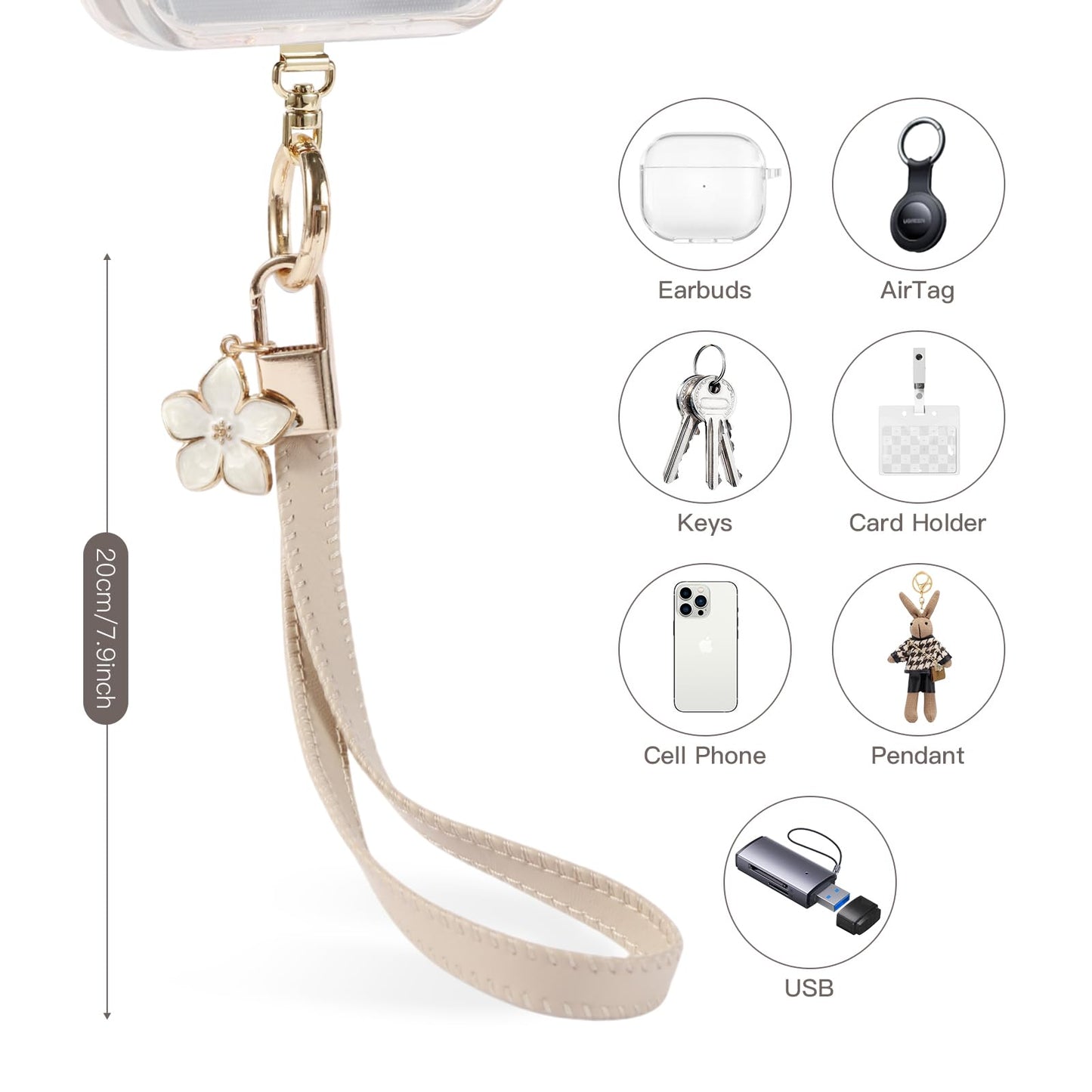 Long Pond Fashion Cell Phone Lanyard for iPhone 17 Pro Max, 16 Series, Samsung Galaxy & Most Cellphones | Detachable Leather Wrist Strap for Women |