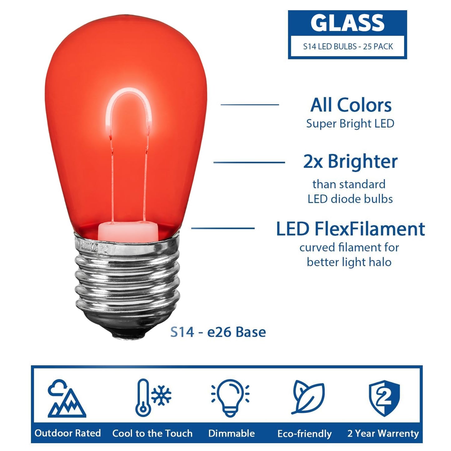 Novelty Lights 25 Pack S14 LED Glass Flex Filament Patio Globe Bulbs