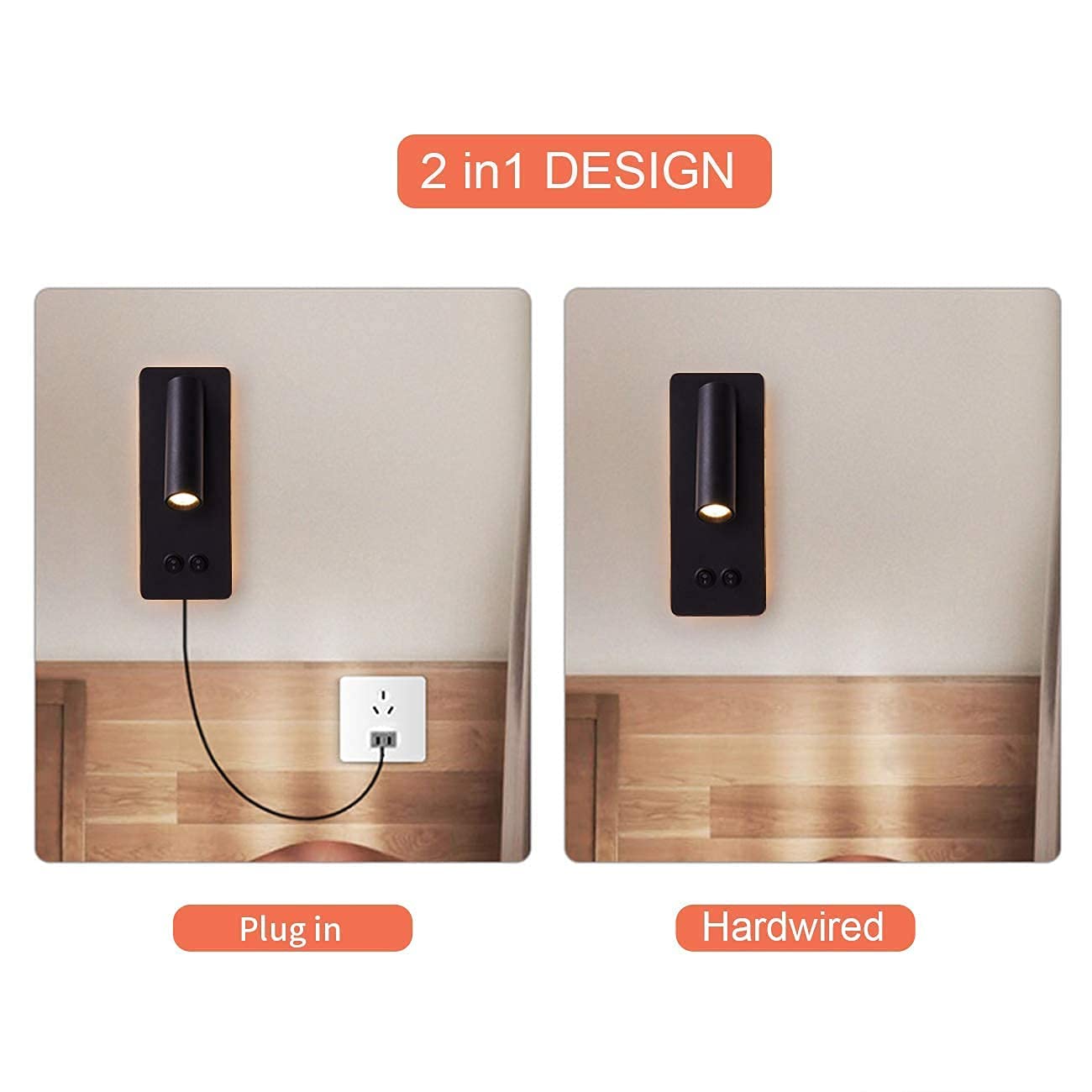 LED wall lamp and reading light two-in-one multifunctional wall sconces. LED Wall Lamp Plug in for Bedroom Bedside Wall Sconces Set of Two Black