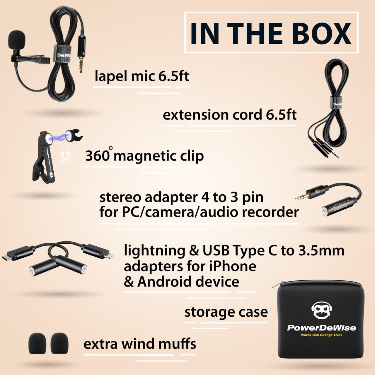 PowerDeWise Professional Grade Lavalier Clip On Microphone - Lav Mic for Camera Phone iPhone GoPro Video Recording ASMR - Small Noise Cancelling 3.5mm