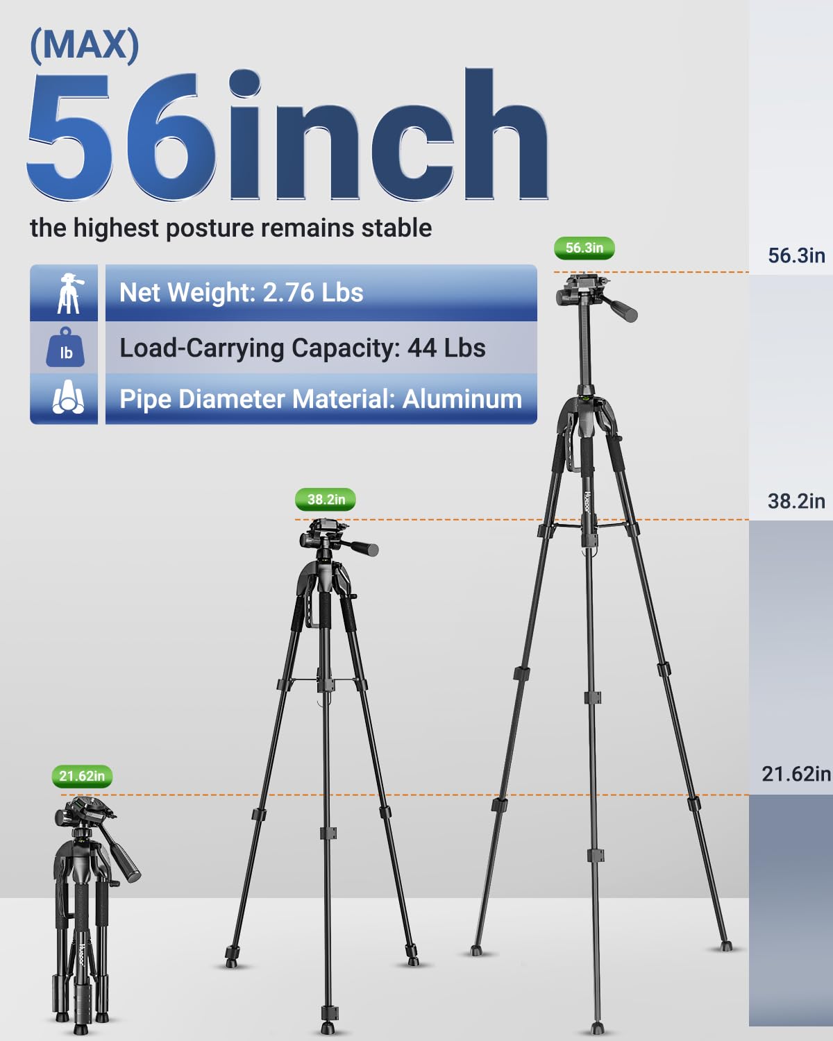 Laser Level Tripod, Huepar 56” Extendable Height Tripod for Line Lasers, Point Lasers, Laser Distance Measures, 1/4" and 5/8" Thread Mount
