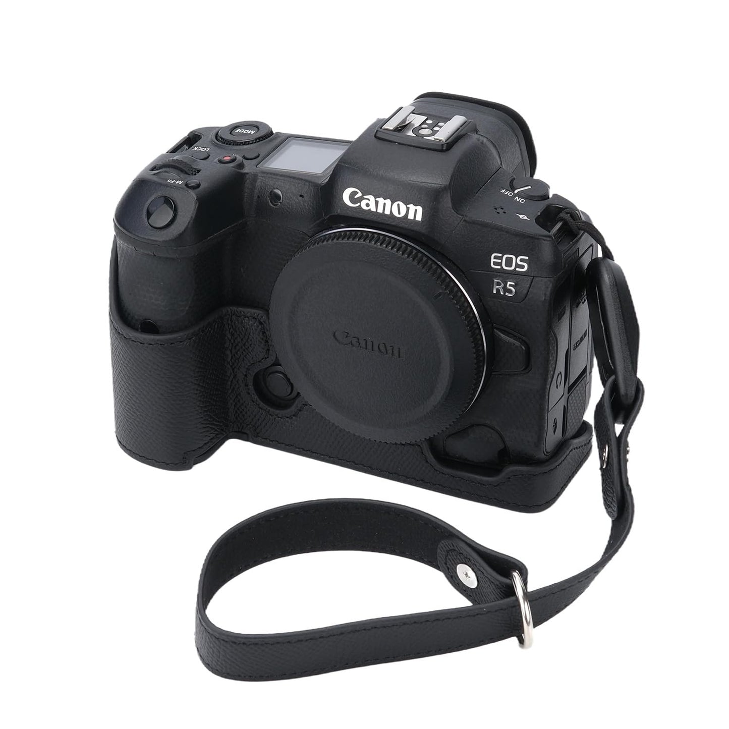 for Canon EOS R5 Camera Case,Handmade Genuine Real Leather Half Camera Case Bag Cover for Canon EOS R5 Camera Bottom Opening Version + Hand Strap