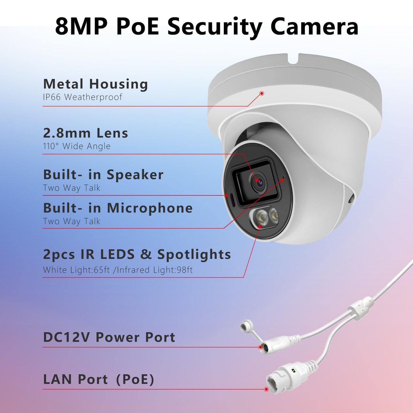 Inwerang 8MP 4K PoE IP Security Dome Camera Outdoor, Full Color Turret IP Camera with Smart Dual Light, Two Way Talk, SD Card Slot, 98ft Night Vision