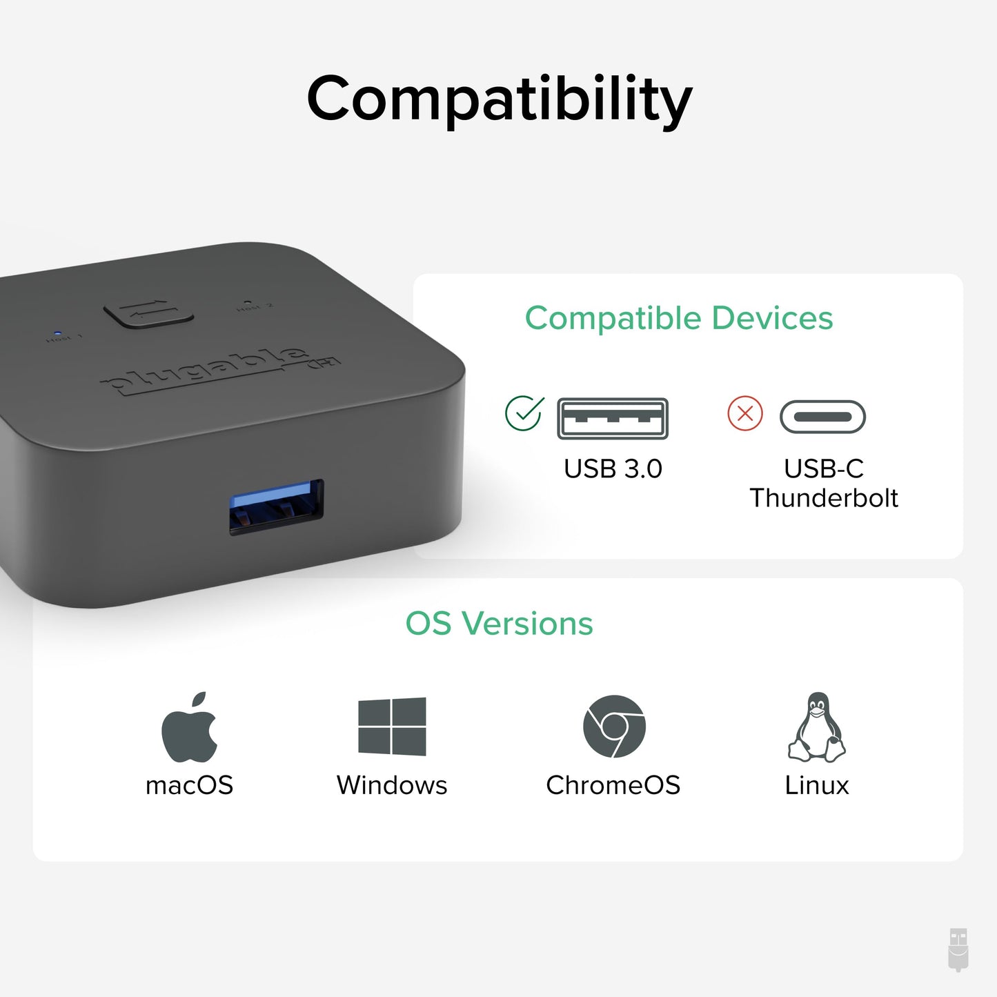 Plugable USB 3.0 Sharing Switch, One-Button USB A Switch to Share Devices Between 2 Computers | KVM Switch for Keyboards, Docking Stations & More