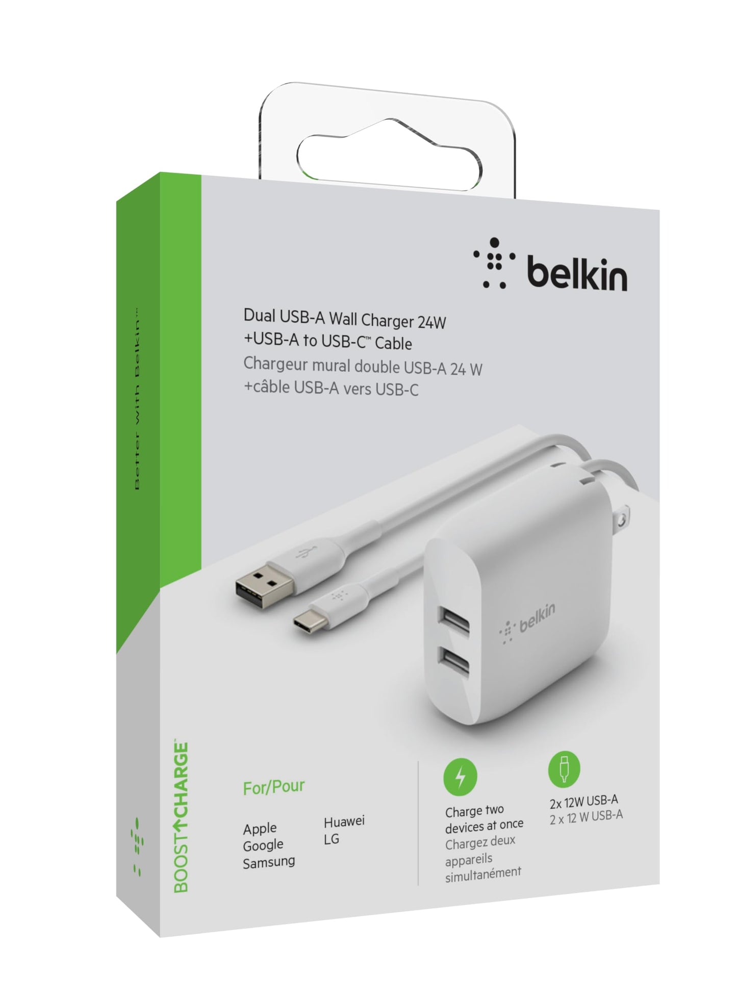 Belkin 24W Dual Port USB Wall Charger w/ USB-C Cable Included - Fast Charging iPhone 16 Charger for Power Bank, iPad & iPad Pro, Samsung Galaxy S25