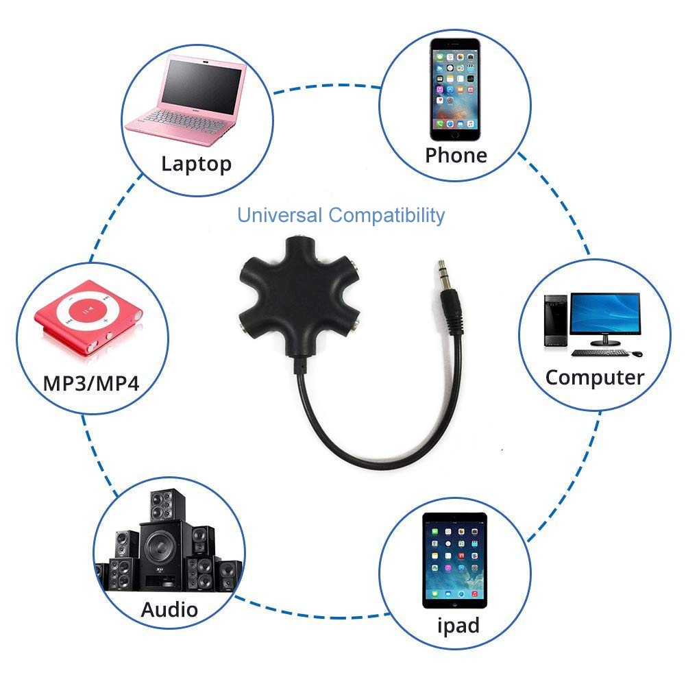 JWCE. Headphone Splitter - 5 Ports for 3.5mm Devices 5 Ways Adaptor 3.5mm Audio Stereo Splitter Cable 3.5mm Male to 5 Port 3.5mm Female for Earphone