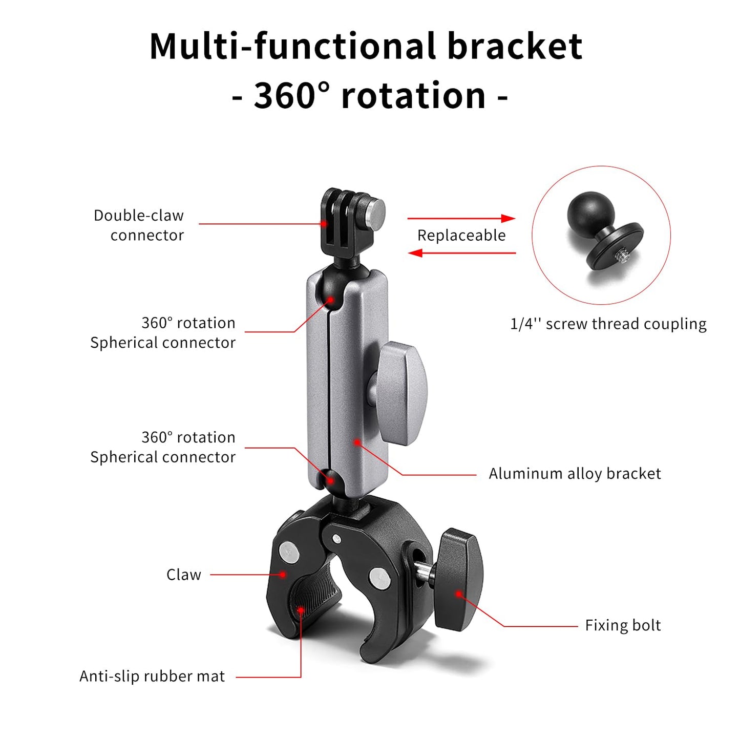 Clamp Camera Mount, Bike/Bicycle/Motorcycle Handlebar Mount for DJI Osmo Action 6/Action 5 Pro/4 3/Osmo Nano/Hero 13 12 11 10 9 8 7/Insta 360 X4 X5