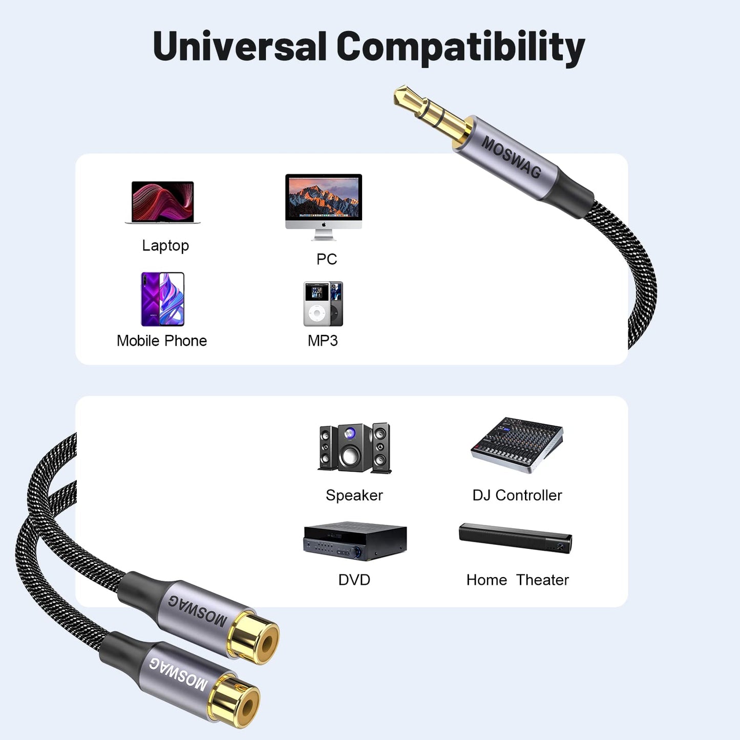 MOSWAG 3.5mm to Dual RCA Audio Cable 2 Packs,3.5mm Male to 2 RCA Female Headphone Jack to RCA Stereo Audio Adapter Compatible with Headphones,Home