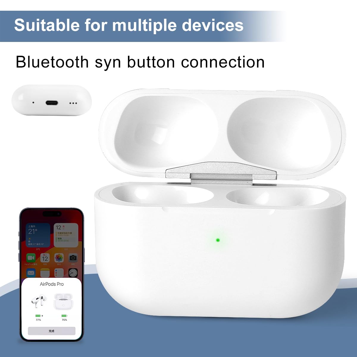 Wireless Charging Case Replacement for AirPod Pro 1st/2nd Generation Charging case, Bluetooth Pairing, USB-C (White)
