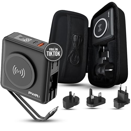 PWRMobile PWR Travel PRO 5-in-1 Power Bank with Case Included - 10,000mAh with Built-in Cables - 20W USB-C + 15W Wireless Charging - Compact Portable