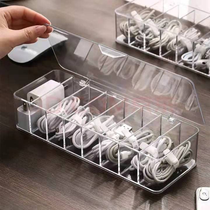 Cable Management Box, White Plastic With 10 Wire Ties, Clear Power Cord Organizer With 8 Compartment (2 Pack)