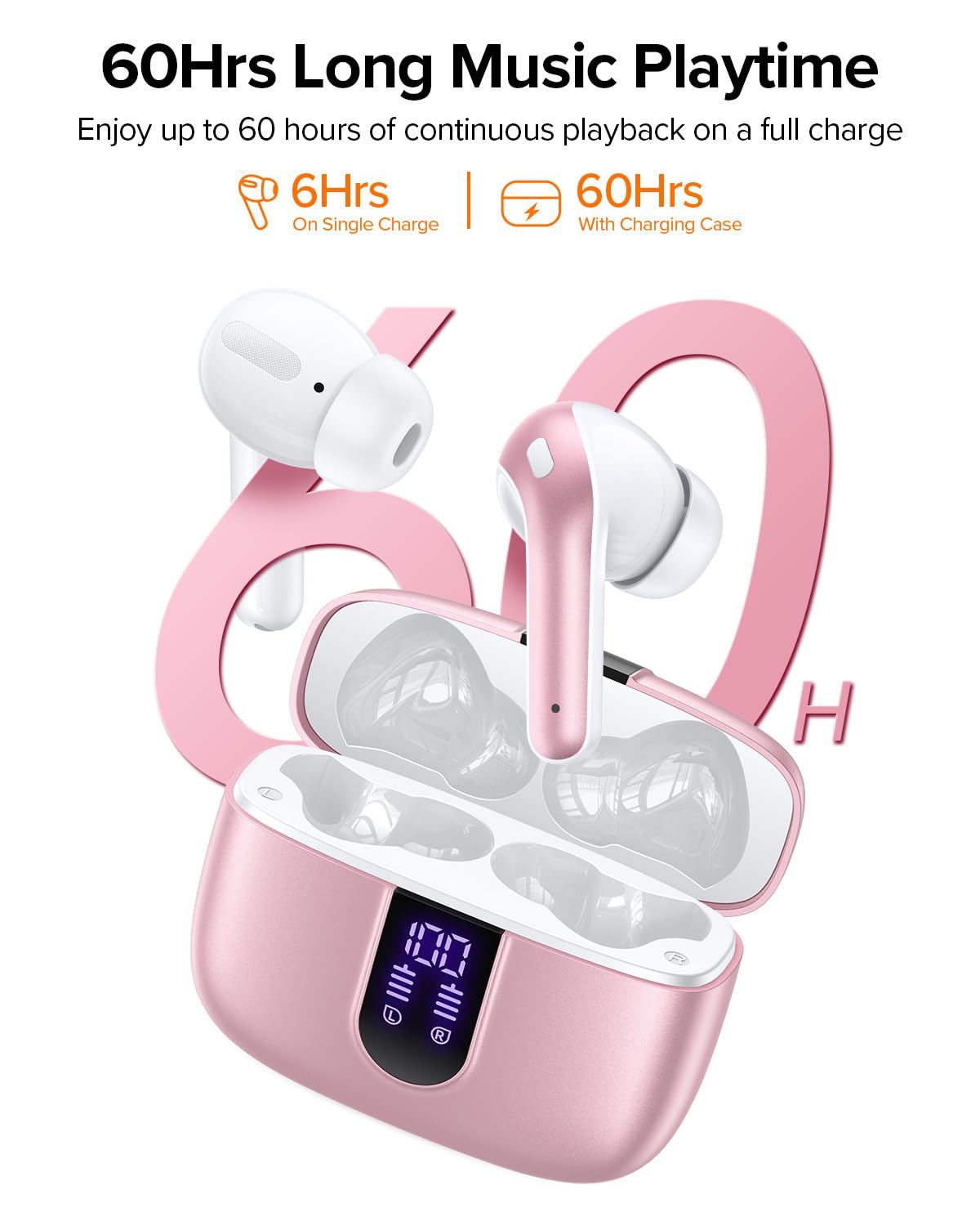 TAGRY Bluetooth Headphones True Wireless Earbuds 60H Playback LED Power Display Earphones with Wireless Charging Case IPX5 Waterproof in-Ear Ear buds