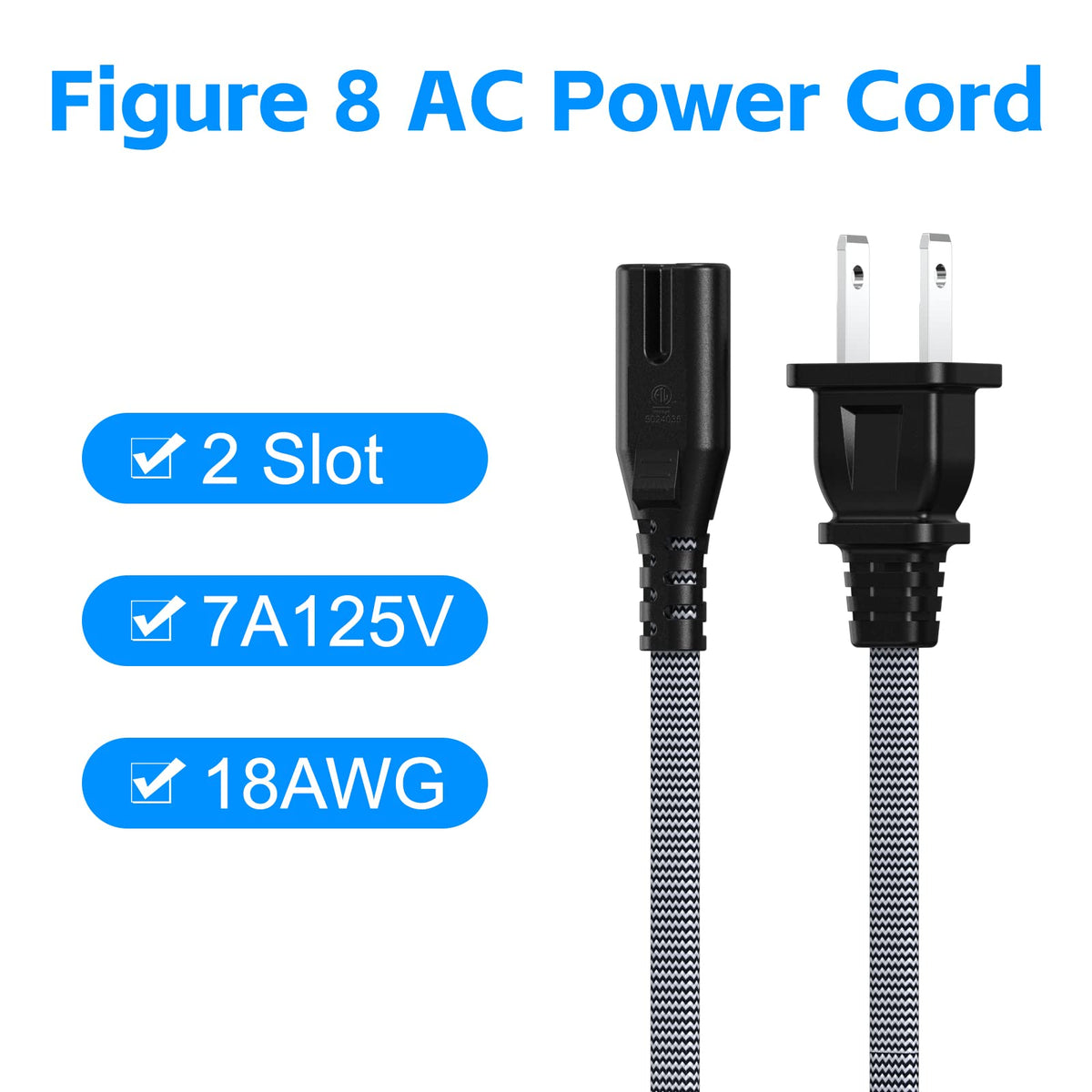 AC Power Cord 20FT (1 Pack), 2 Prong TV Power Cord, Nylon Braid Cable Replacement for Xbox One, PS3, PS4, PS5, Compatible for Printer, Monitor, Sound