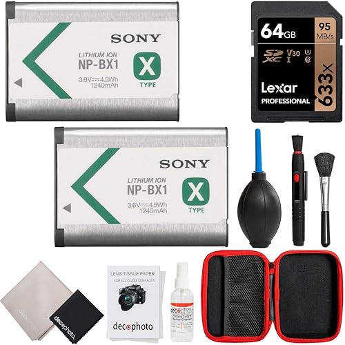 Sony NP-BX1 Lithium-Ion X Type Battery, Silver (2-Pack) Bundle with Lexar Professional 633x 64GB UHS-1 Class 10 SDXC Memory Card and Deco Photo