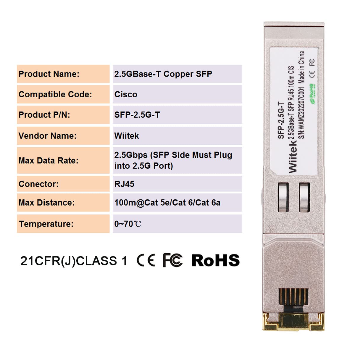 2.5G SFP to RJ45 Module, Wiitek 2.5GBase-T SFP to RJ45 Transceivers 100m, Compatible for Cisco SFP-2.5G-T, Ubiquiti, MikroTik, TP-Link 2.5Gb Switch or