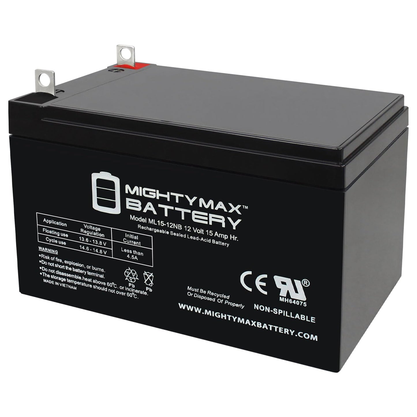 Mighty Max Battery ML15-12NB - 12 Volt 15 AH, NB Terminal, Rechargeable SLA AGM Battery