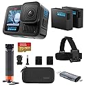 GoPro Hero13 Action Camera with 5.3K60 Video, 27MP Photo with the Handler, 2 Enduro Batteries, 2 Adhesive Mounts, Mounting Buckle, 64GB SD, Case, Head