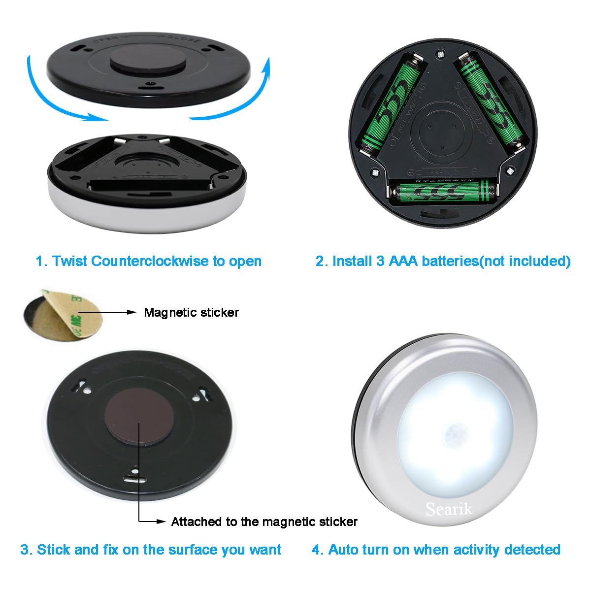 3 Pcs Motion Sensor Light Indoor, Searik Magnetic LED Night Light Battery Powered Step Lights Stair Closet Light Under Cabinet Lighting Stick On