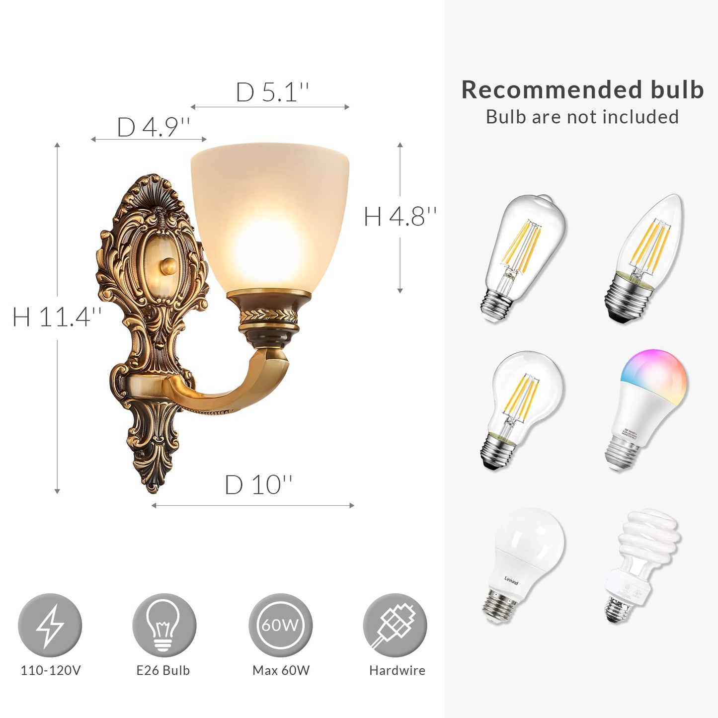 NOXARTE 2 Pack Vintage Wall Sconce Brass Wall Mounted Light Ceiling Fixture with Milk White Glass Shades for Living Room Bedroom Hallway