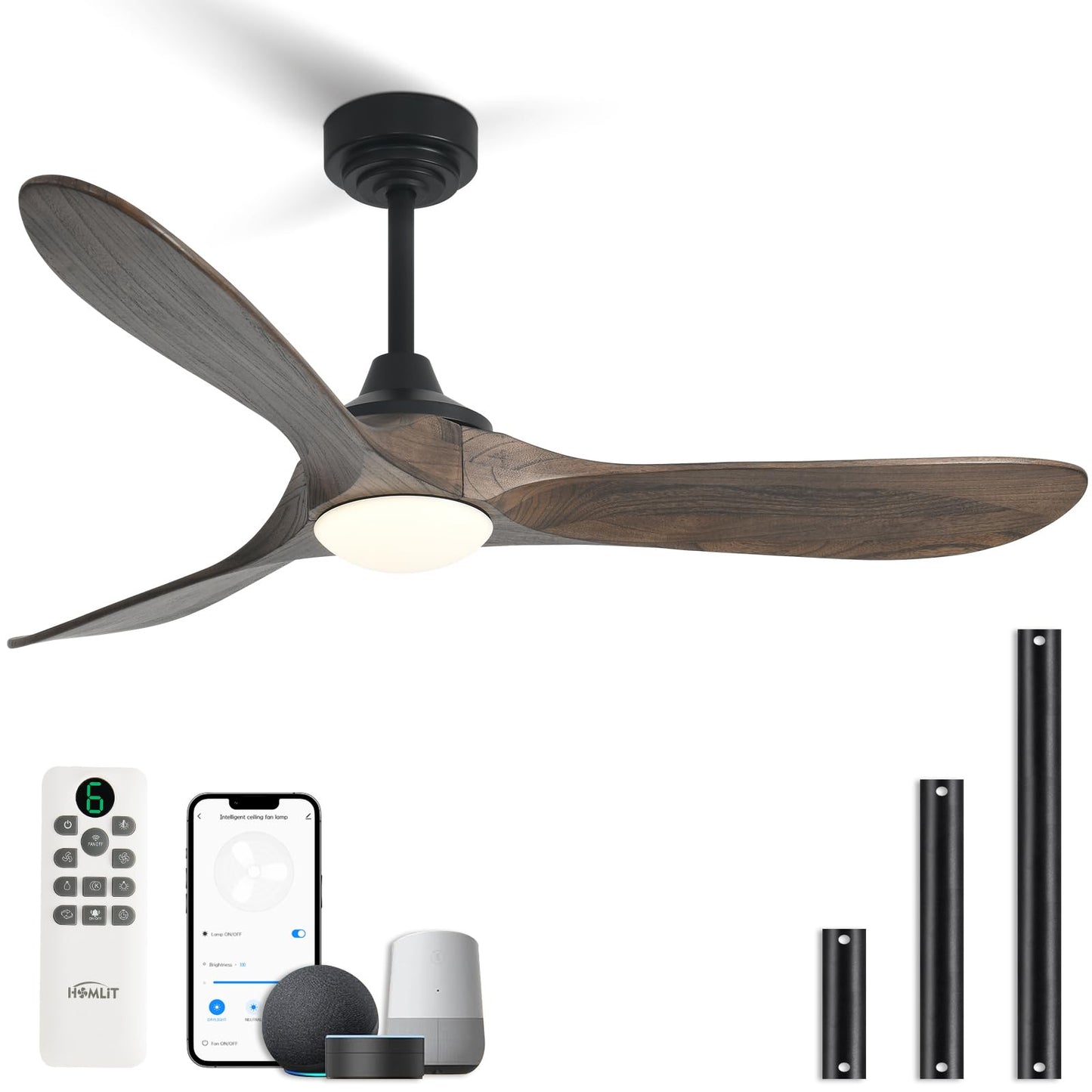 Homlit 52” Outdoor Ceiling Fan with Light, Compatible with Alexa/Google, 3 Walnut Solid Wood Blade, Noiseless Reversible Dc Motor, Smart Outdoor Wood