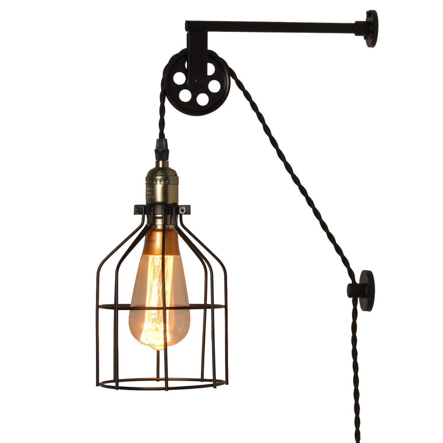 Antique Cage Hanging Wall Sconces Plug in for Bedroom Living Room , Adjustable Pulley Wall Lamp Light Fixture for Bedside Reading ,Farmhouse