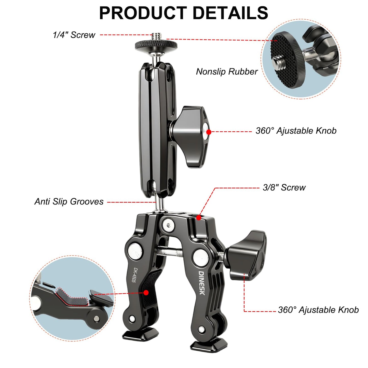 DINESK Super Clamp with Dual Ball Head Magic Arm, 1/4"-20 & 3/8"-16 Threads, Phone/Action Camera Mount Adapte for Desktop Tripod Canon Nikon DSLR