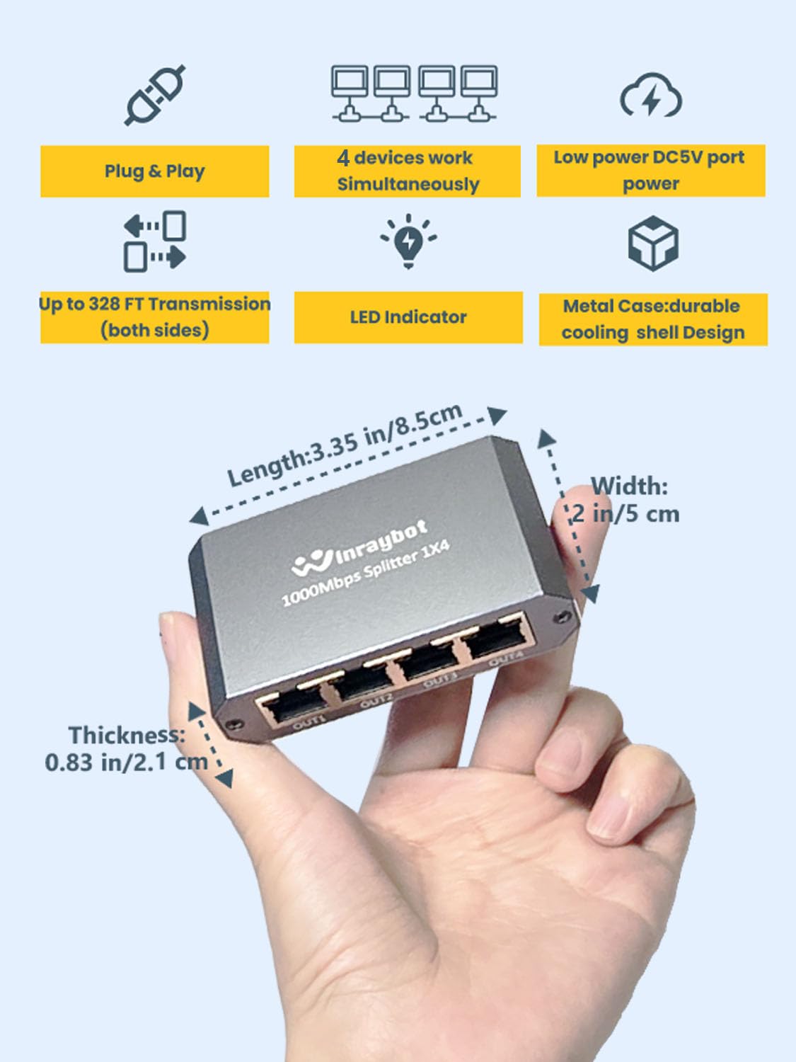 WinRaybot Ethernet Splitter, ethernet hub 4 Port gigabit,Ethernet Splitter 1 to 4,Network hub,Internet Switch 4 Port,netgear Switch (4 Devices Working