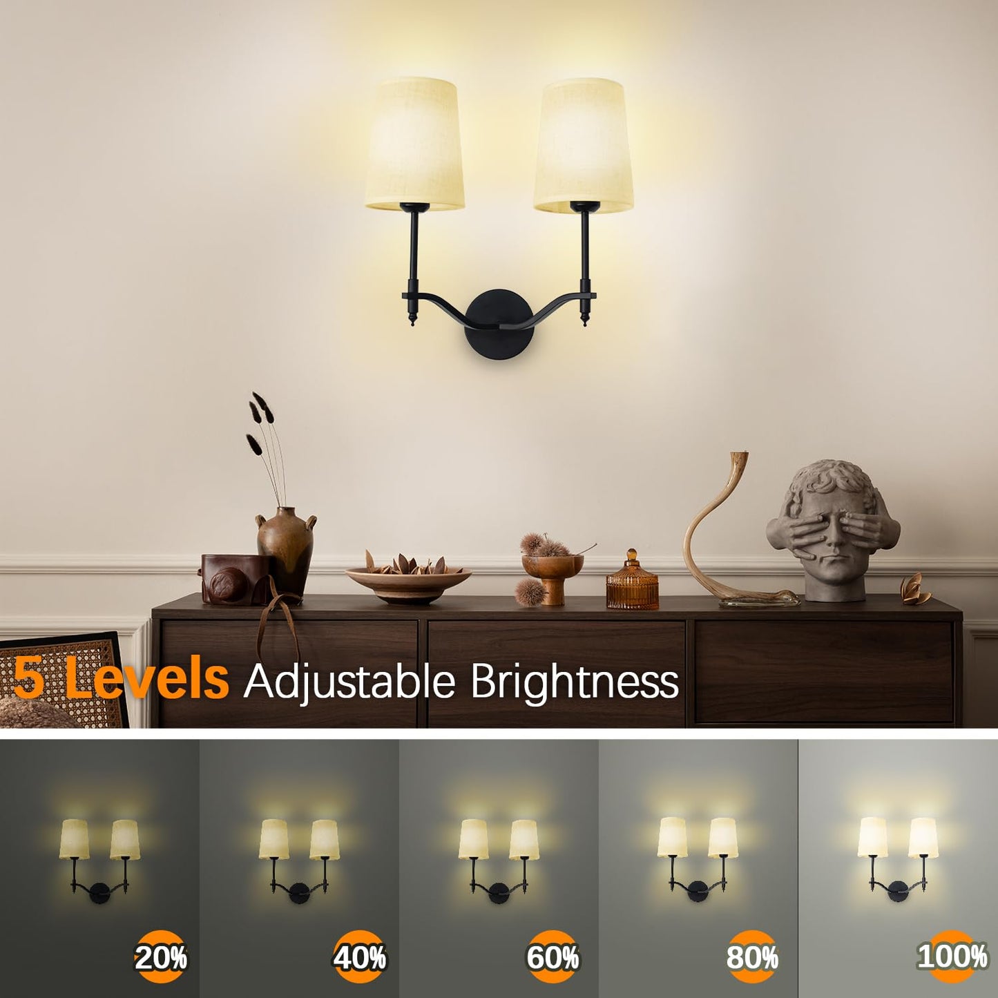 Troconce Wall Lights Battery Operated Wall Sconces 2-Light, Black Rechargeable Wall Sconce with 15 RGB Dimmable Detachable Bulbs and Remote, Wireless