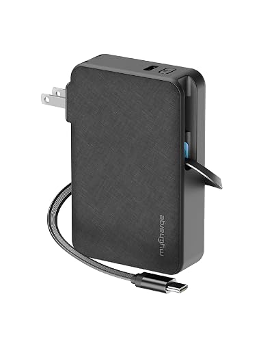 myCharge RetractaCharger 5000mAh Portable Charger Power Bank with 28-Inch Retractable USB-C Cable | Premium Fabric | Built-in Wall Plug | Digital