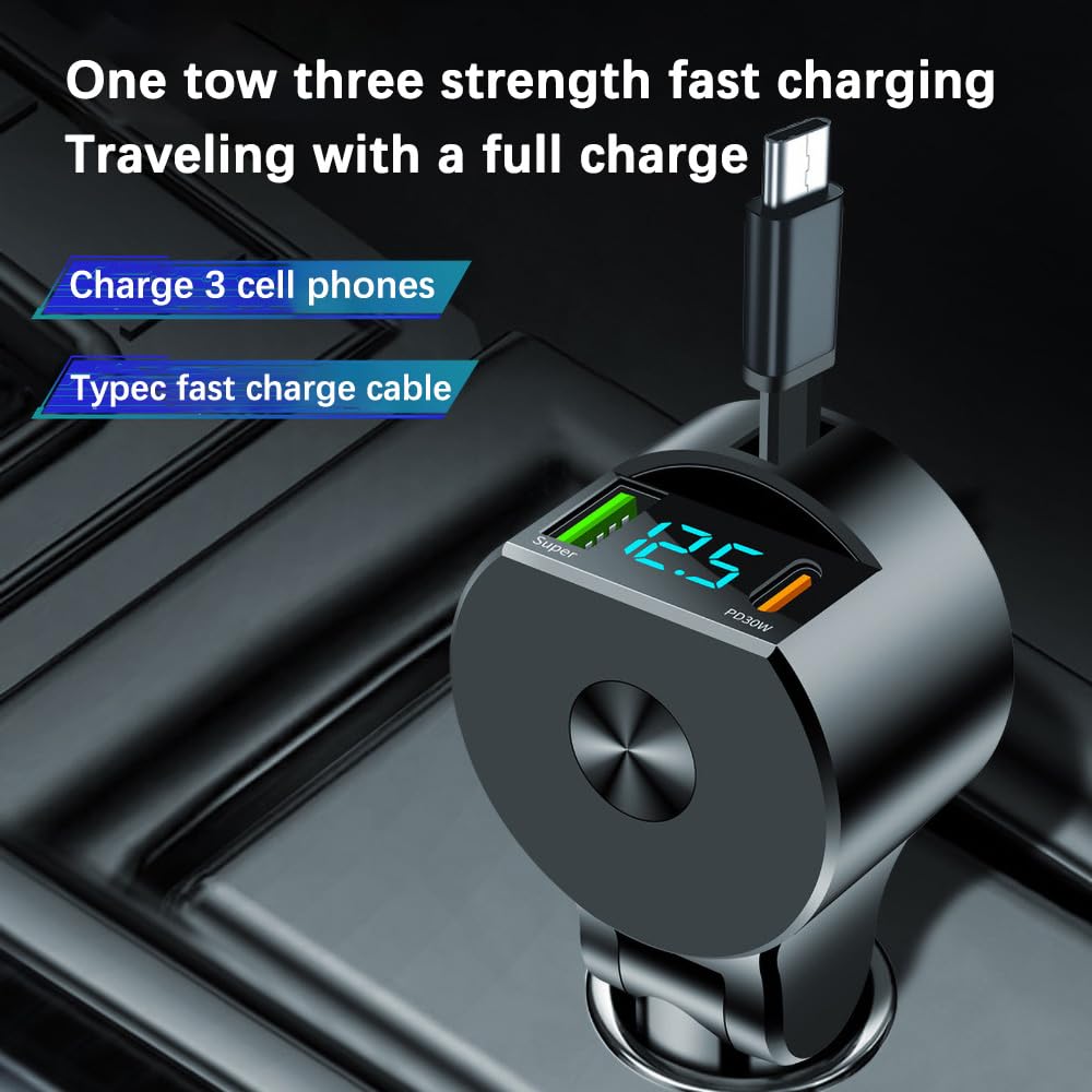 Alanph 75W 3-in-1 Car Charger Adapter with Voltage Detection, Super Fast Charging with Cable PD30W Retractable Cable for iPhone/Samsung/Android/iPad