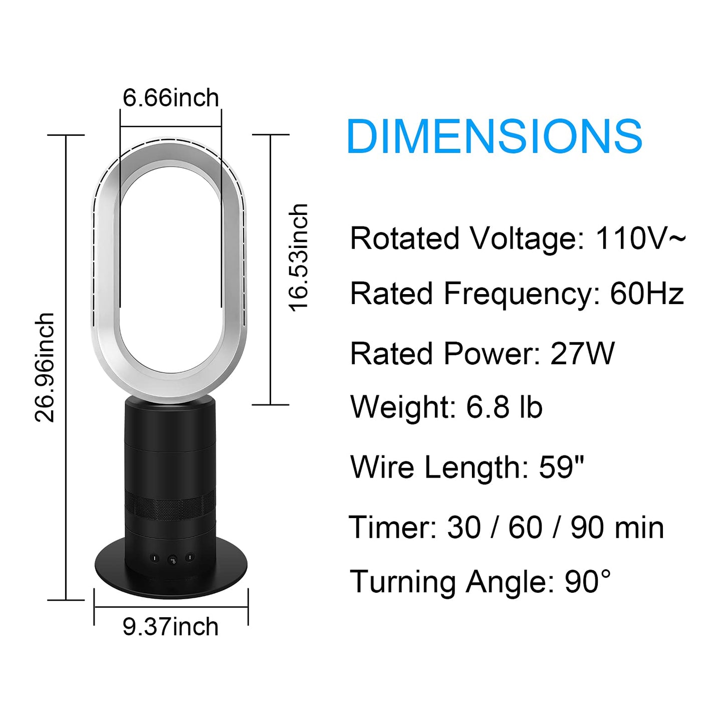 HealSmart 27 Inch Bladeless Tower Fan with Timing Closure and Remote Control, Low Noise Air Circulator Floor Fan for Home and Office Use, Adjustable