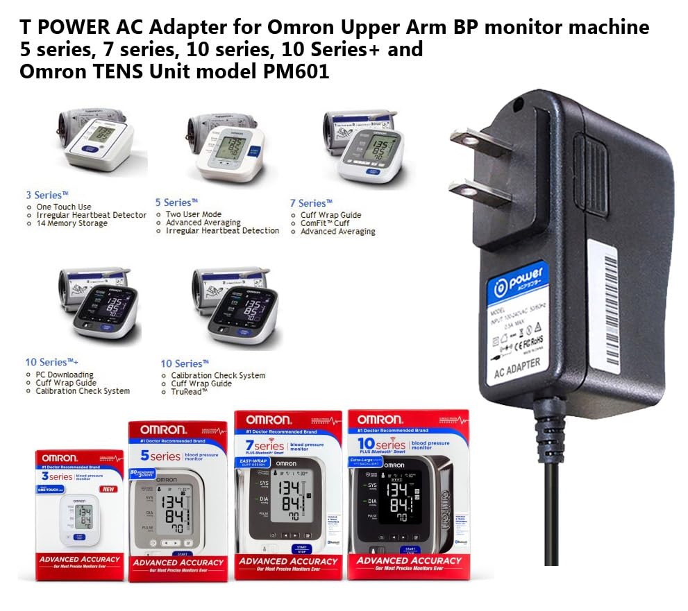 T Power Charger Compatible for Omron 5 Silver Bp5250 Gold Bp5350,Hem-71571T-Z 7 10 Series Bp742N Bp760N Bp761 Bp785N Bp786N Upper Arm Blood Pressure…