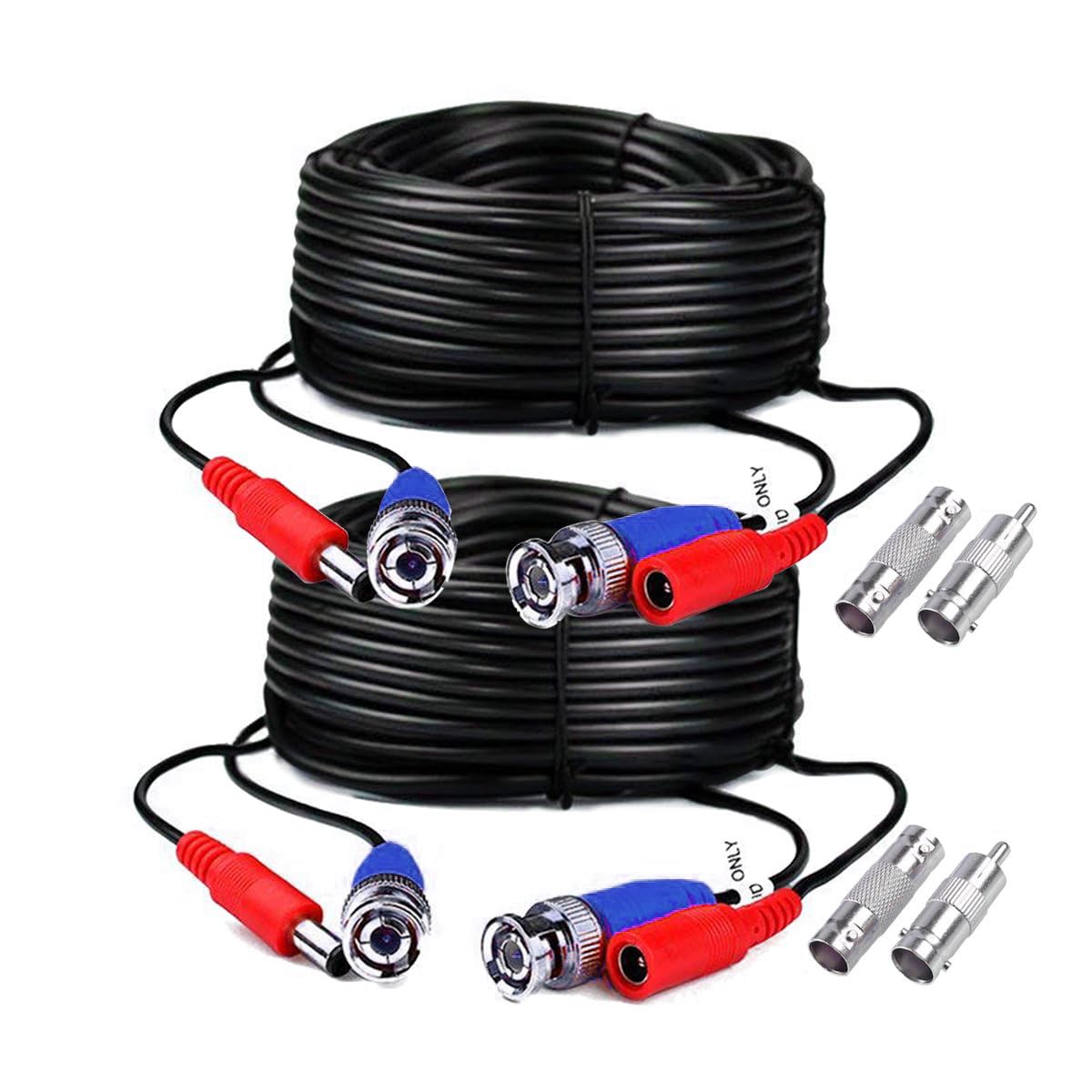 2-Pack 60ft Black Pre-Made All-in-One BNC Male to Male Video and Power Cable Wire Cord with RCA Connector for CCTV Security Camera