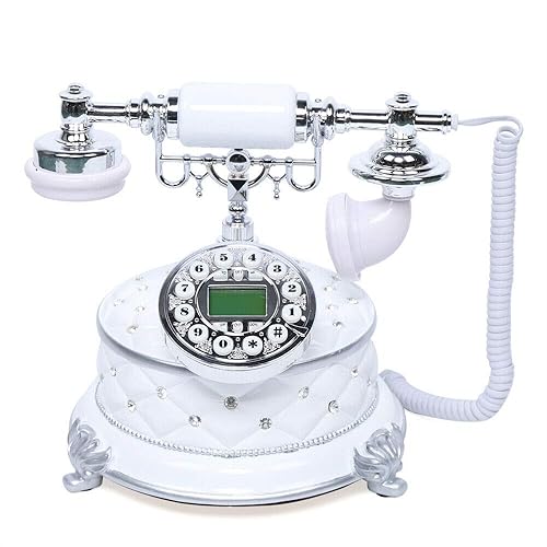 Vintage Rotary Phone, White Home Desk European Style Dial Telephone Handset Landline Phone Caller ID Check