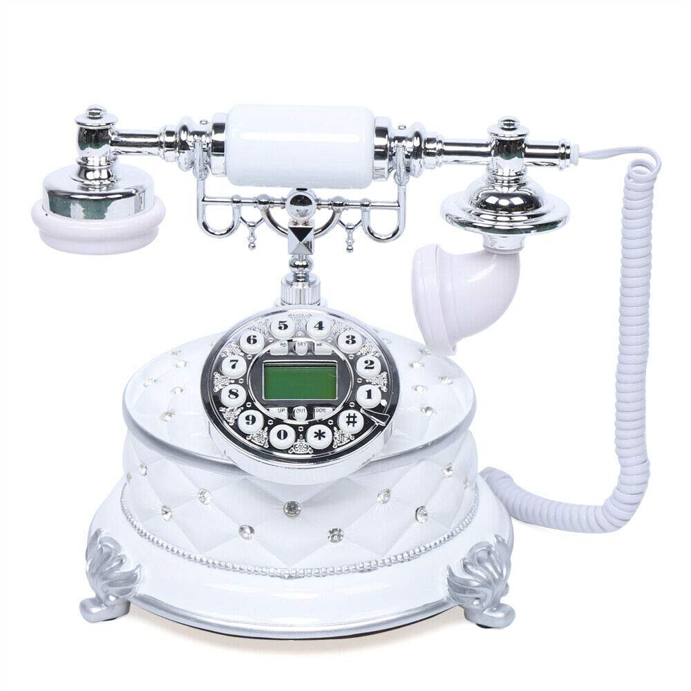 Vintage Rotary Phone, White Home Desk European Style Dial Telephone Handset Landline Phone Caller ID Check
